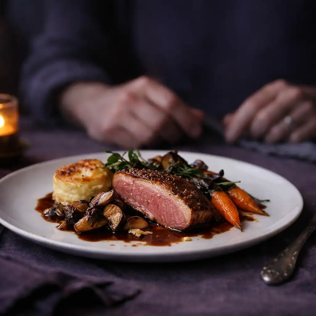 Assiette élégamment dressée sur une table sombre, avec une lumière de bougie et les mains floues d’un convive.