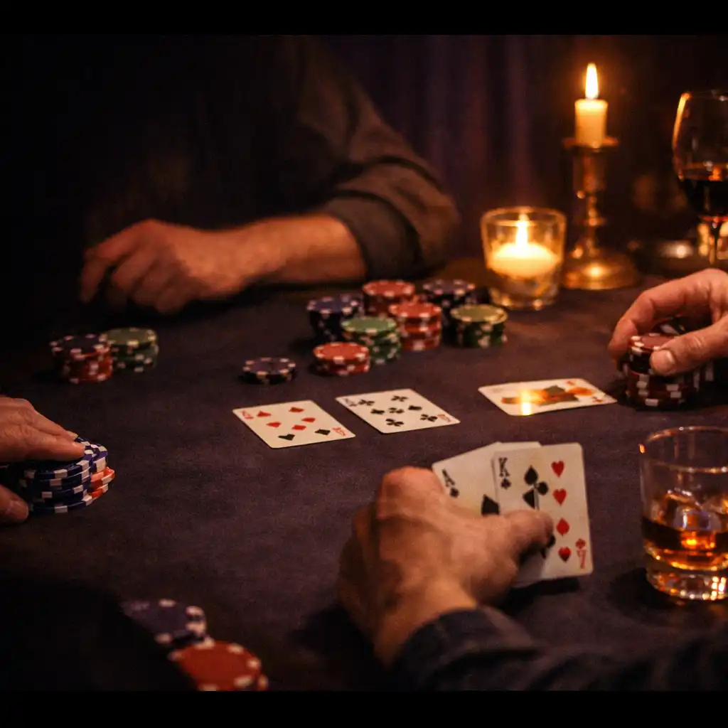 Mains adultes autour d’une table avec des cartes et des jetons, éclairées par une lumière de bougie.