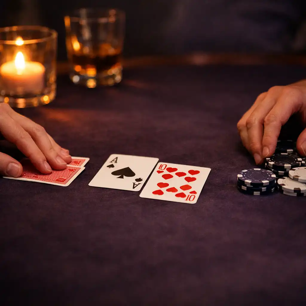 Mains autour d’une table avec cartes et jetons dans le salon après le dîner