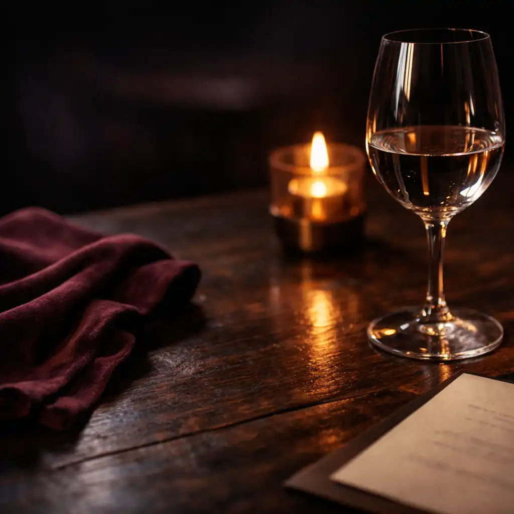 Table sombre avec bois patiné, verre fin, velours prune et bougie