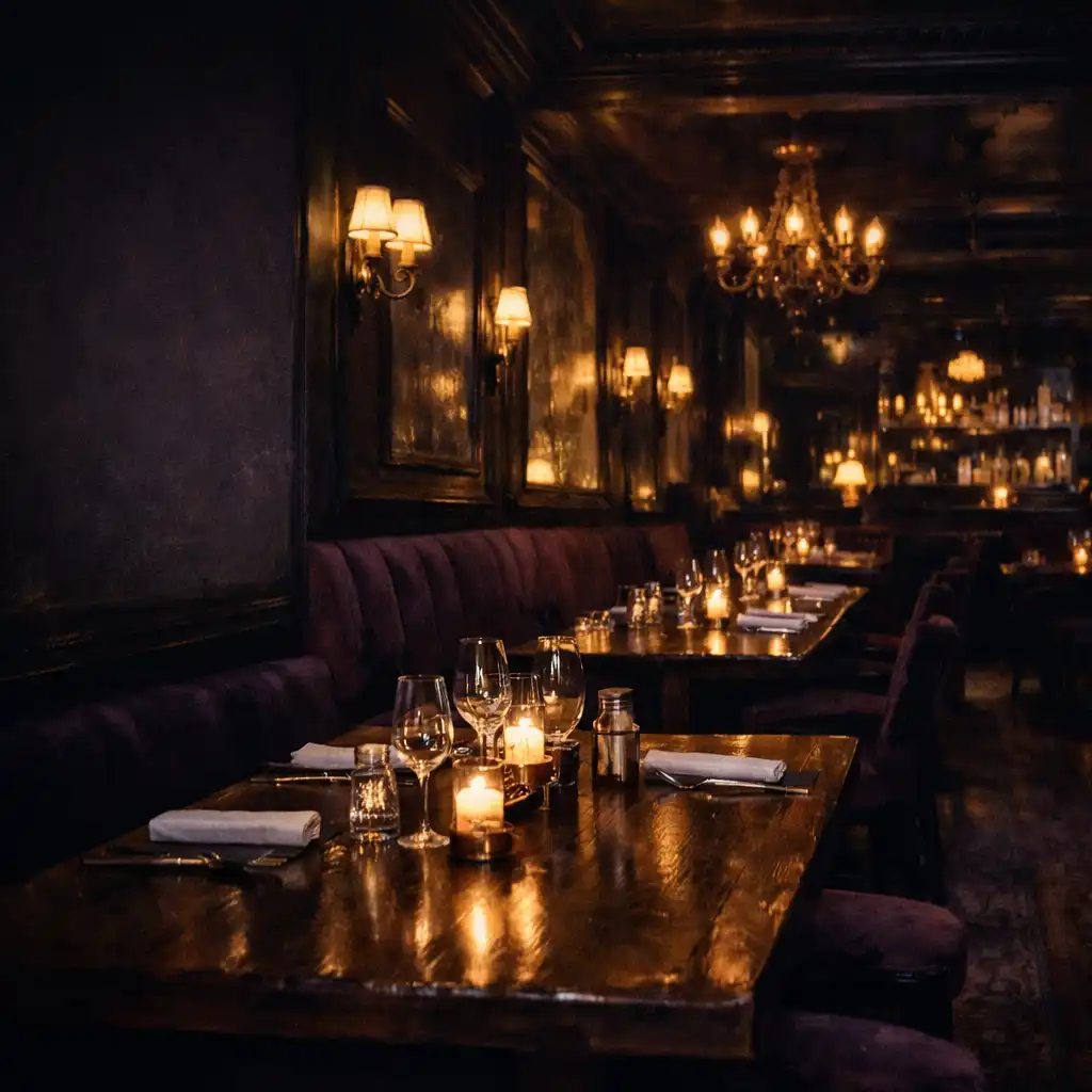 Salon nocturne de Jardin d’Oranger avec tables en bois sombre, banquettes prune et bougies