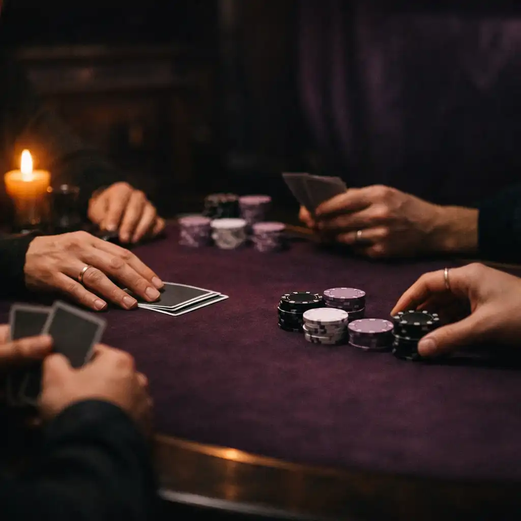 Mains adultes autour d’une vraie table, avec cartes physiques et jetons sur un tapis prune