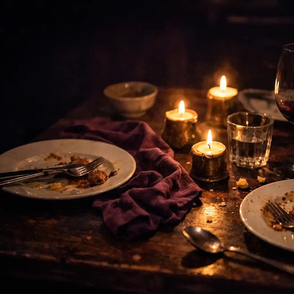 Table de restaurant avec assiettes, couverts et bougies dans une lumière chaude