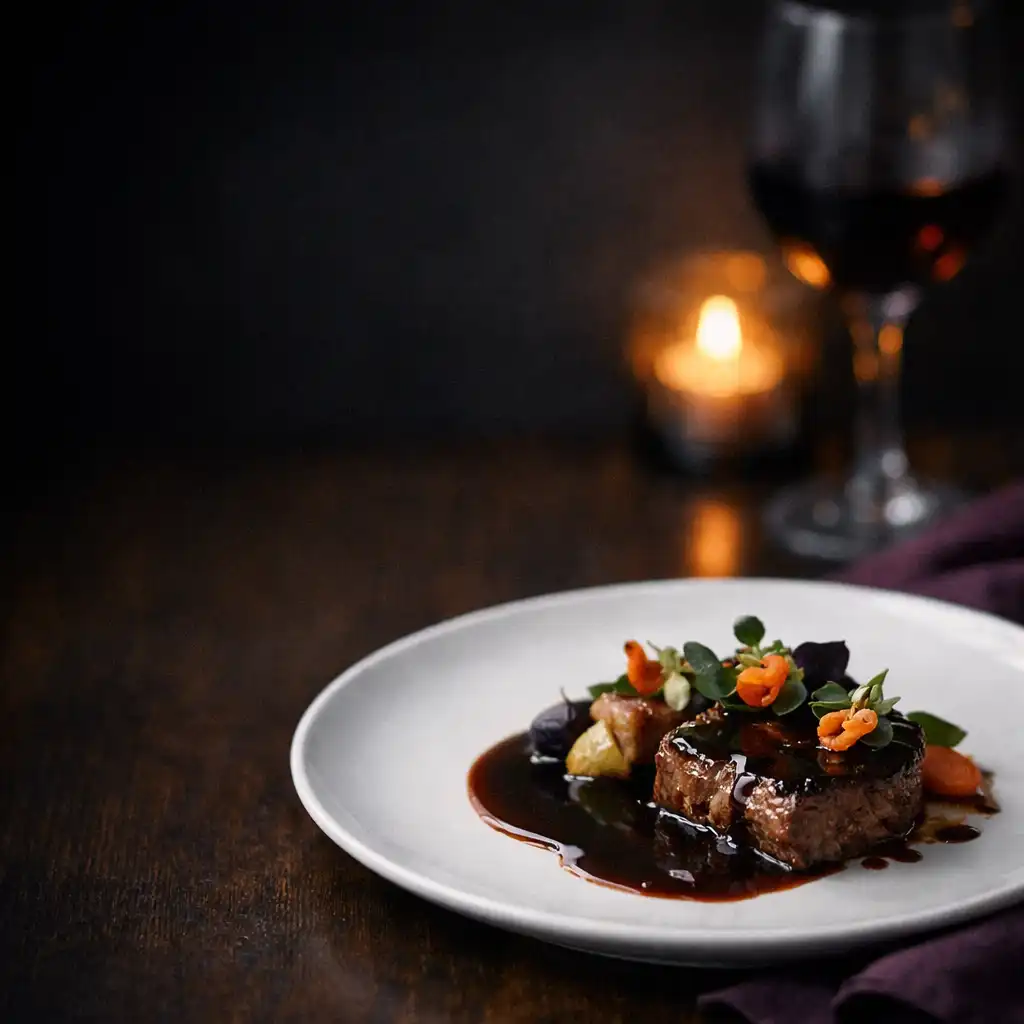 Assiette française contemporaine sur une table sombre éclairée par une bougie