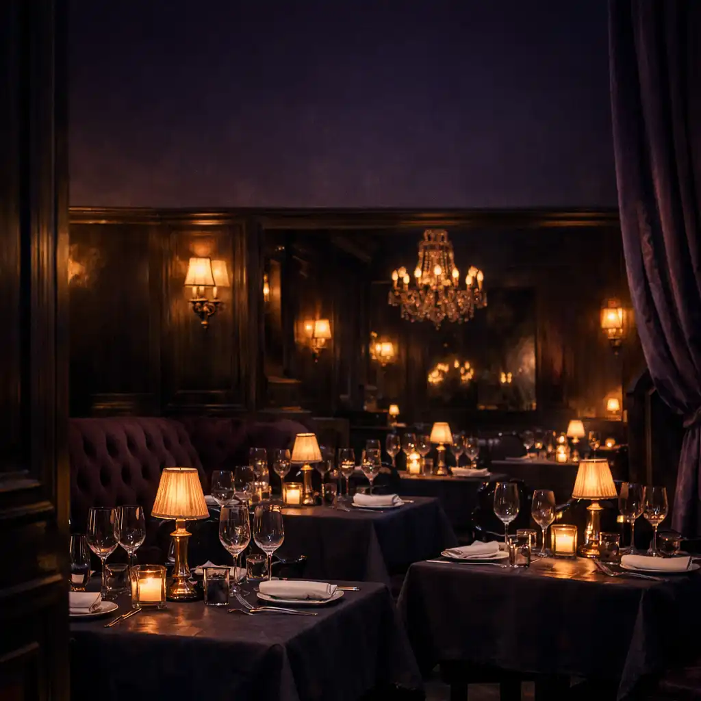 Salon de restaurant nocturne avec tables dressées, bois sombre et velours prune