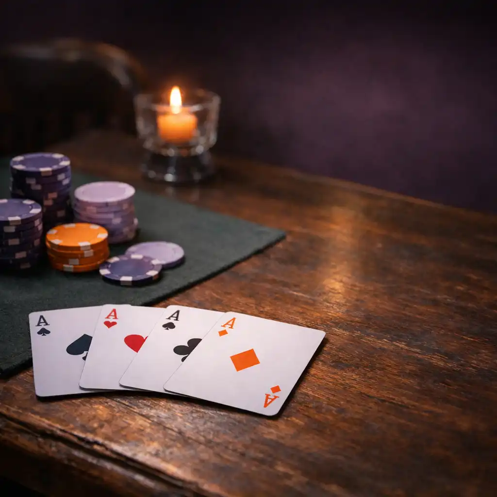 Cartes à jouer et jetons réels sur un tapis sombre, éclairés par le reflet doux d’une bougie