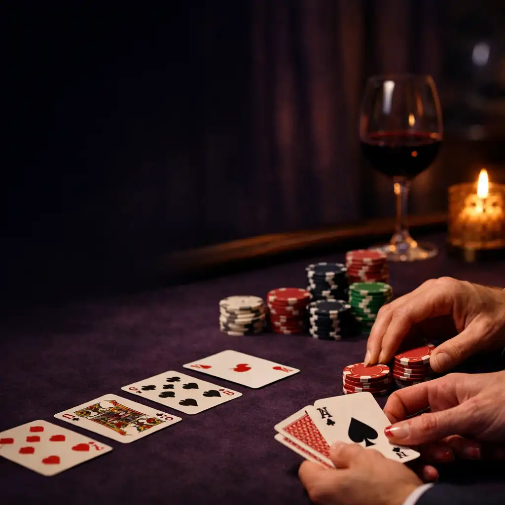 Mains autour de cartes et de jetons réels sur une table sombre éclairée à la bougie