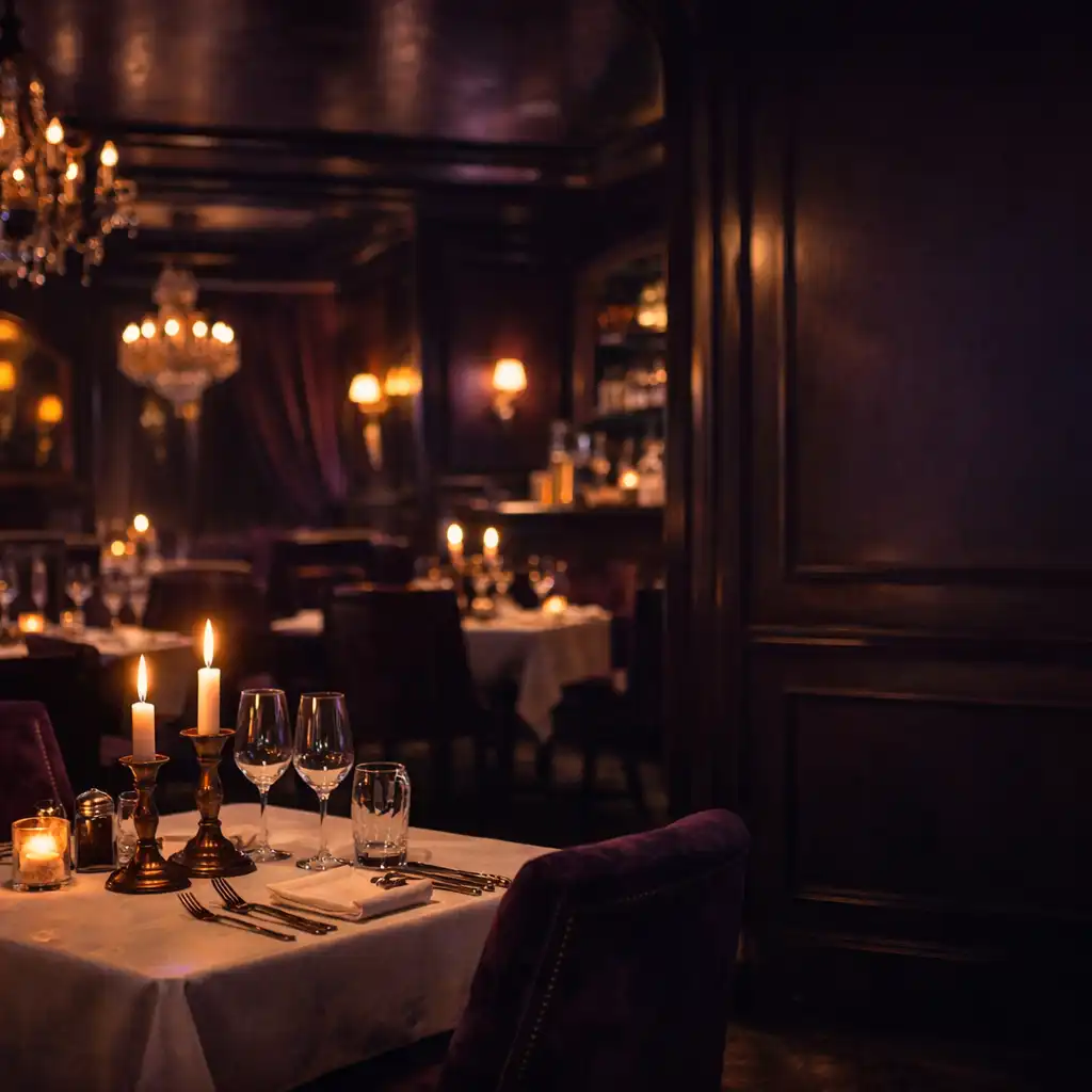 Salle de restaurant sombre avec une table éclairée aux bougies et une profondeur d’ombre.