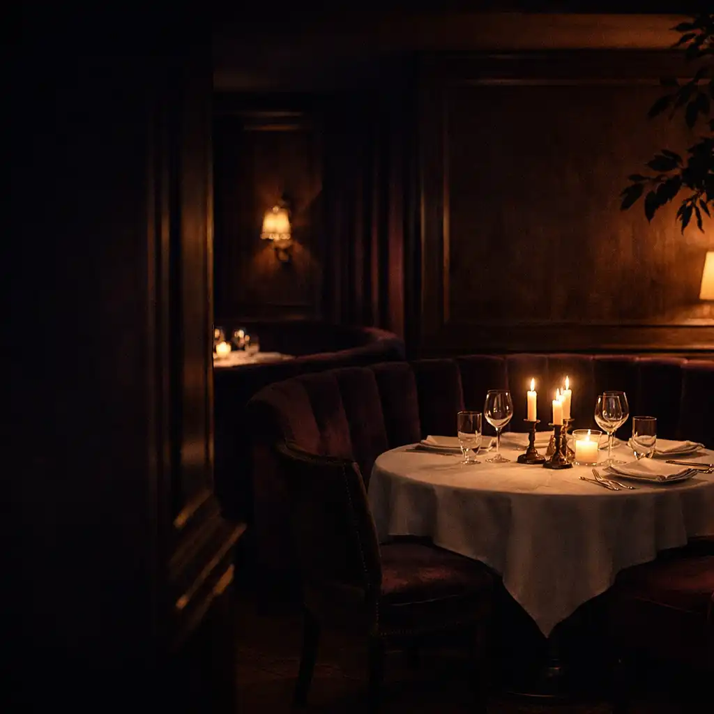 Salon de restaurant sombre avec vraie table éclairée par des bougies