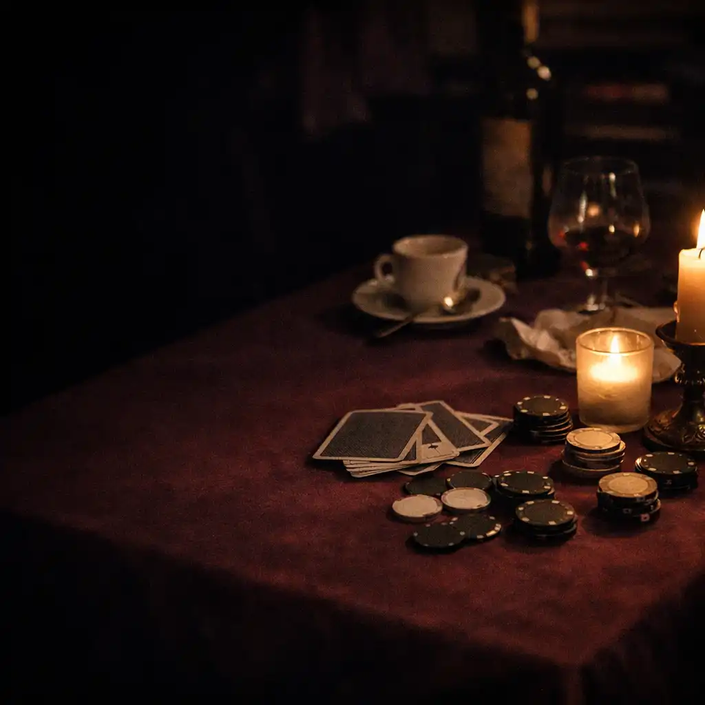 Vraie table sombre éclairée par des bougies, avec cartes et jetons après le souper