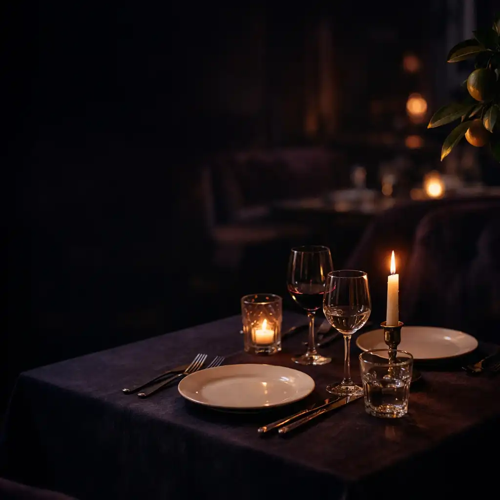 Table de restaurant nocturne dressée pour deux, éclairée par une lumière chaude.