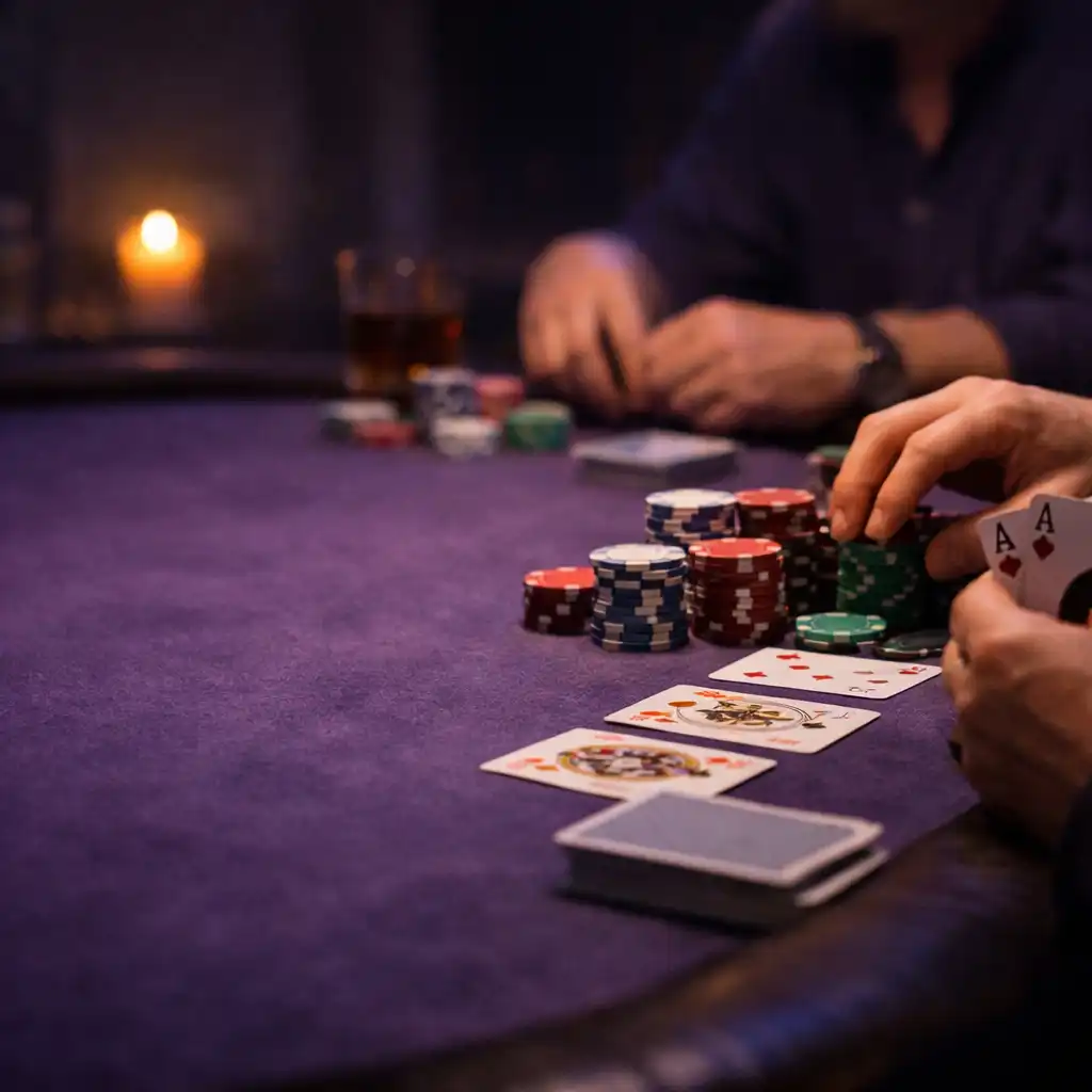Mains autour d’une vraie table de poker sous lumière violette, avec cartes et jetons réels